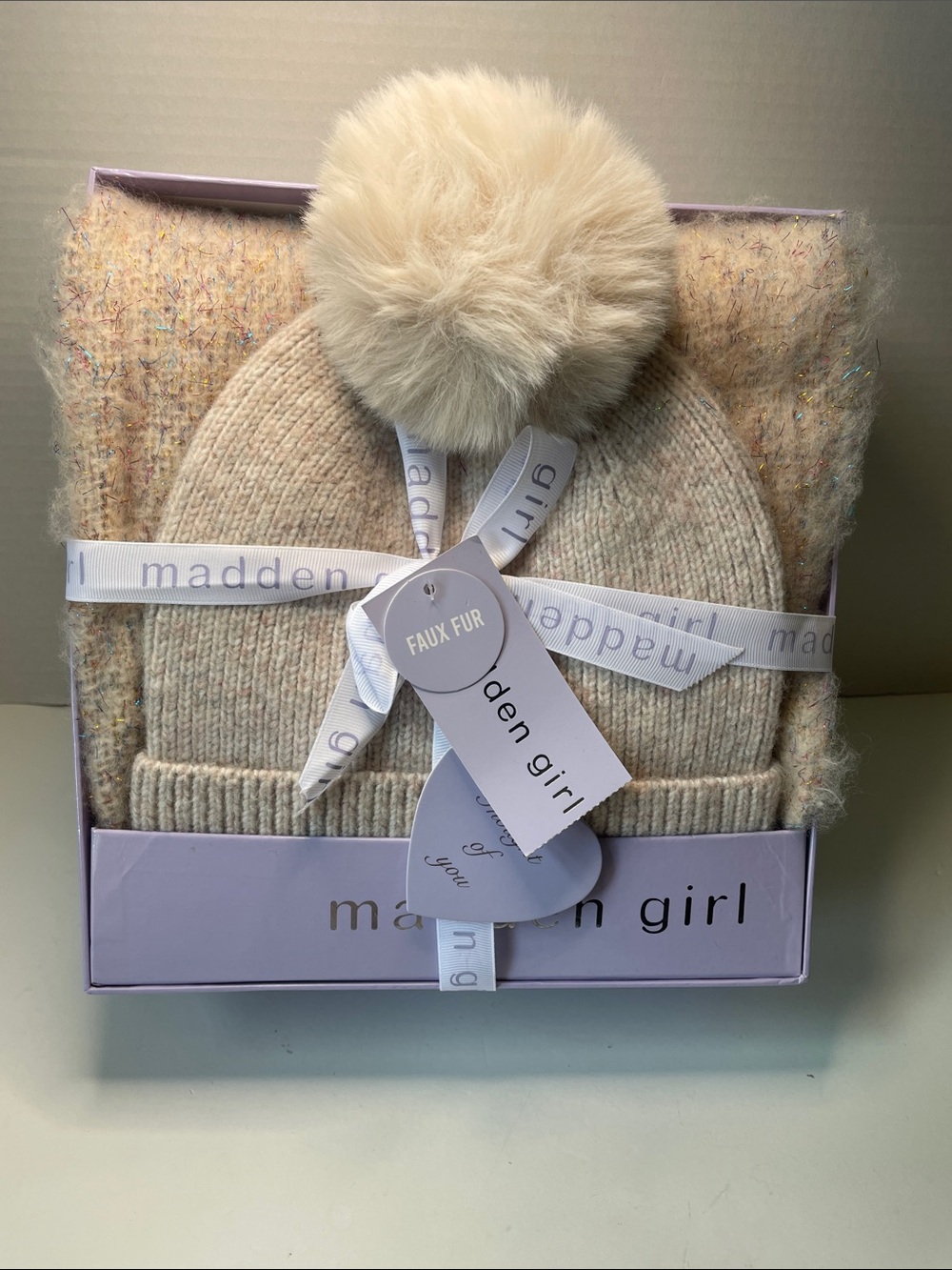 Madden Girl Cream Faux Fur Pom Beanie/ Scarf Gift Set NWT
